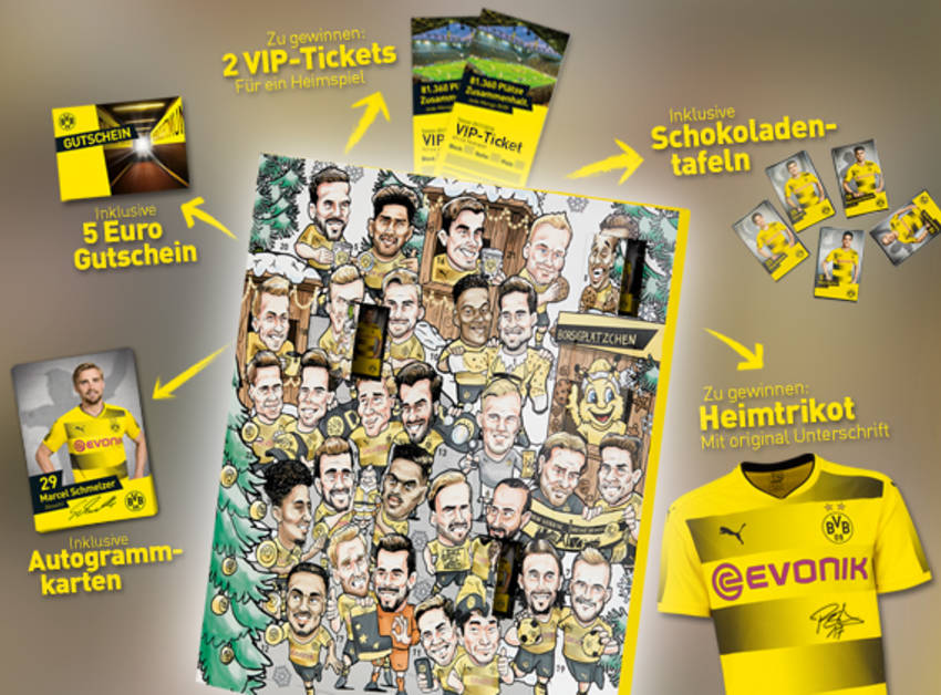 Kalender gefüllt mit 25 Täfelchen Vollmilchschokolade und 36 exklusiven Autogrammkarten BVB 09 Borussia Dortmund Comic-Adventskalender 