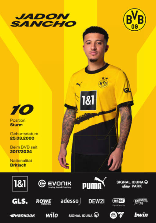Autogrammbild Rückseite von Jadon Sancho, Mittelfeldspieler von Borussia Dortmund zur Saison 2023/2024