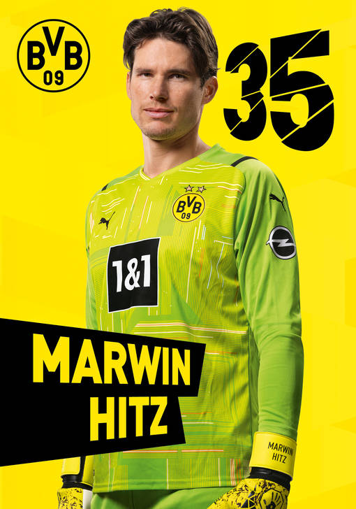 Autogrammbild Vorderseite von Marvin Hitz, Mittelfeldspieler von Borussia Dortmund zur Saison 2021/2022