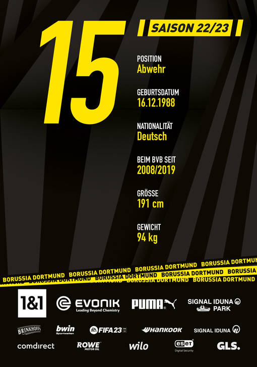 Rückseite der Autogrammkarte von Mats Hummels , Verteidiger von Borussia Dortmund zur Saison 2022/2023