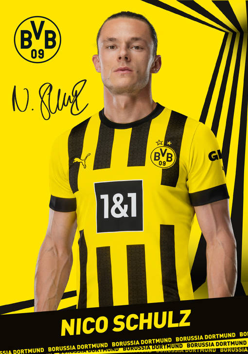Autogrammbild Vorderseite von Nico Schulz Abwehrspieler von Borussia Dortmund zur Saison 2022/2023