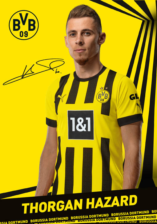 Autogrammbild Vorderseite von Thorgan Hazard, Mittelfeldspieler von Borussia Dortmund zur Saison 2022/2023