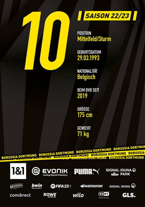 Autogrammbild Rückseite von Thorgan Hazard, Mittelfeldspieler von Borussia Dortmund zur Saison 2022/2023